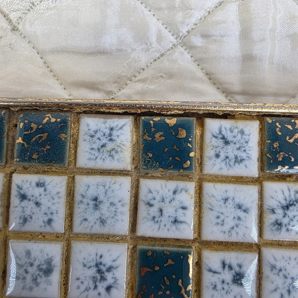 Vintage Blue Mosaic‎ Tile Trivet Hot Plate Mid Century Modern Metal Holder